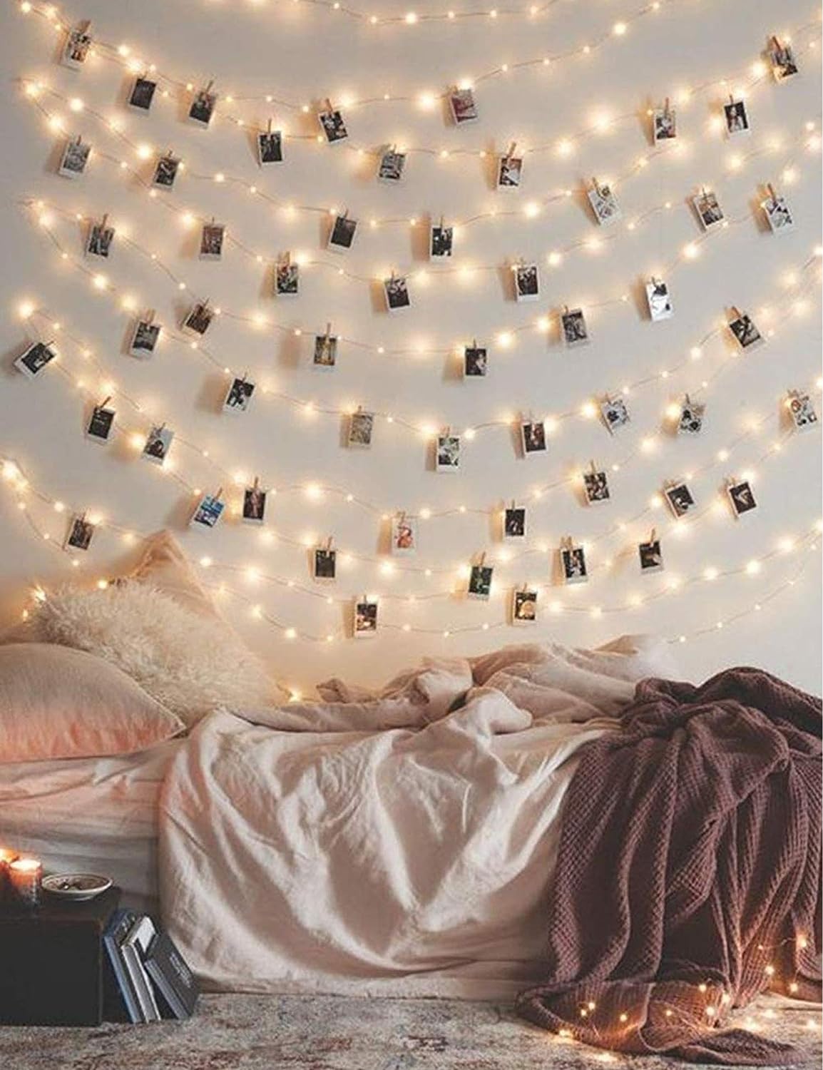 Fairy string lights with photos for a warm welcome to the dorm room