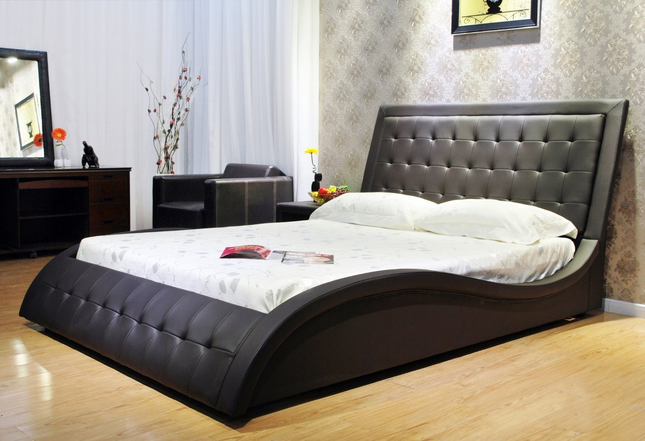 Black Wave-Like Shape Faux Leather Platform Bed